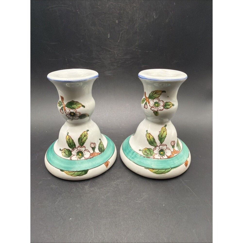 Pair of Vintage hand painted Candle Stick Holders - Flowers